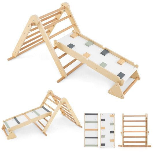 3-in-1 Pikler Triangle Climbing Set Kids Foldable Montessori Toys with Ramp-Natural