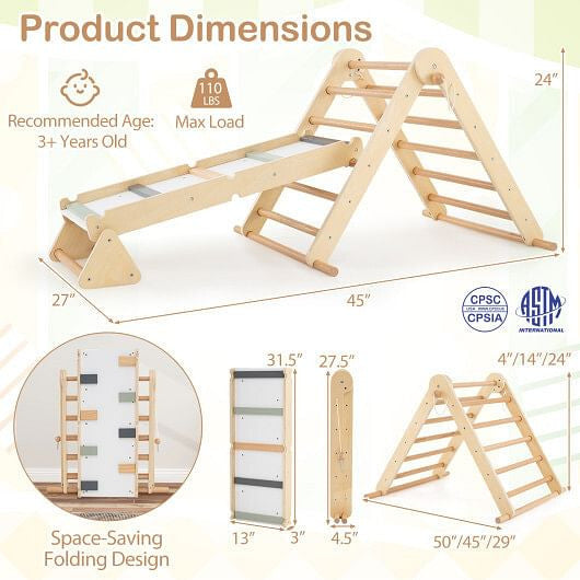 3-in-1 Pikler Triangle Climbing Set Kids Foldable Montessori Toys with Ramp-Natural